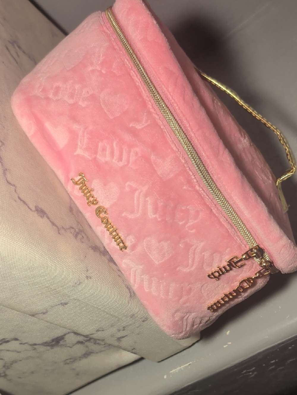 Juicy Couture Pink Plush Cosmetic Case with Gold Hardware